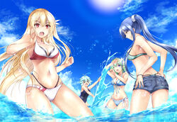  &gt;_&lt; 4girls alisa_reinford antenna_hair bikini blonde_hair blue_hair blue_shorts blue_sky breasts cleavage cloud collarbone commentary_request day denim denim_shorts eiyuu_densetsu floating_hair flower front-tie_bikini_top front-tie_top green_bikini green_hair hair_flower hair_ornament kagura_yuuto laura_s._arseid long_hair medium_breasts millium_orion multi-strapped_bikini multiple_girls musse_egret navel o-ring o-ring_bikini outdoors photoshop_(medium) ponytail red_eyes school_swimsuit sen_no_kiseki short_hair short_shorts shorts side-tie_bikini_bottom sideboob sky standing sun swimsuit thigh_strap underboob very_long_hair wading water white_flower yellow_eyes 