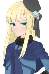  atsumisu bad_id bad_pixiv_id beret black_hat black_ribbon blonde_hair blue_dress blush closed_mouth dress fate/grand_order fate_(series) female flower fur-trimmed_sleeves fur_collar fur_trim green_eyes hair_flower hair_ornament hat long_hair lord_el-melloi_ii_case_files reines_el-melloi_archisorte ribbon rose simple_background smile solo tilted_headwear upper_body white_background white_flower white_rose 