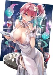  alcohol aqua_hair bare_shoulders breasts cleavage commission covered_nipples cowboy_shot cup dress drinking_glass female flower ghost gradient_hair halter_dress halterneck highres holding holding_tray indie_virtual_youtuber large_breasts leaning_on_table looking_at_viewer miakiuehashi multicolored_hair no_bra orange_hair pink_hair pixiv_commission plunging_neckline purple_eyes reiyu_guigui side_ponytail side_slit smile swept_bangs tray virtual_youtuber wine wine_glass 