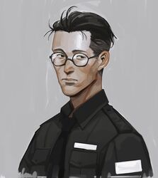  1boy bad_id bad_postype_id black_eyes black_hair black_shirt cheetahman_(1ddghfr78cswc) disco_elysium expressionless glasses grey_background hair_slicked_back highres kim_kitsuragi male_focus necktie parted_lips round_eyewear shirt short_hair simple_background solo undercut 