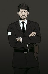  1boy bad_id bad_postype_id belt black_hair blazer cheetahman_(1ddghfr78cswc) crossed_arms disco_elysium facial_hair goatee gun highres holster holstered jacket jean_vicquemare male_focus moustache necktie pants shirt short_hair simple_background solo standing watch weapon 