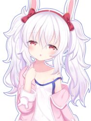  :o absurdres animal_ears azur_lane bare_shoulders bow breasts camisole collarbone commentary_request covered_navel drooling female hair_between_eyes hairband hand_up highres jacket laffey_(azur_lane) long_hair long_sleeves looking_at_viewer mouth_drool off_shoulder open_clothes open_jacket outline parted_lips pink_jacket rabbit_ears red_bow red_eyes red_hairband satori_(ymoy) simple_background small_breasts solo strap_slip twintails upper_body white_background white_camisole white_hair 