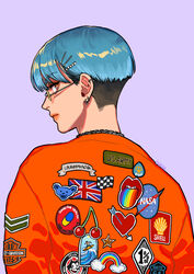  absurdres akira_(manga) androgynous aqua_hair brown_eyes checkered_flag commentary ear_piercing earrings english_text felix_the_cat felix_the_cat_(series) female flag from_behind hair_ornament hairclip harley_davidson highres jacket jewelry looking_at_viewer looking_back nasa_logo okada_(hoooojicha) original piercing profile purple_background red_jacket route_66 shell_(company) short_hair simple_background solo symbol-only_commentary union_jack 