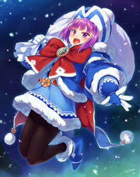  :d blunt_bangs blush bow commentary_request fate/grand_order fate/grand_order_arcade fate_(series) female fur_trim gloves hat helena_blavatsky_(christmas)_(fate) helena_blavatsky_(fate) highres open_mouth outdoors pantyhose purple_eyes purple_hair red_bow sack short_hair signature smile snowing solo tree tsuki_tokage 