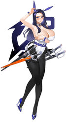  absurdres animal_ears areola_slip armpits black_hair black_pantyhose blue_eyes blue_hair breasts commentary detached_collar fake_animal_ears female full_body high_heels highres holstered invincible_dragon_(last_origin) large_breasts last_origin long_hair looking_to_the_side pantyhose photoshop_(medium) playboy_bunny rabbit_ears simple_background sohn_woohyoung solo sword weapon 