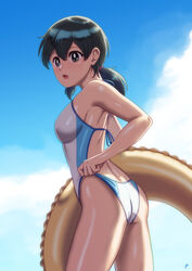  absurdres ass black_eyes black_hair breasts casual_one-piece_swimsuit clothes_pull cowboy_shot doraemon female from_behind highres innertube low_twintails medium_breasts minamoto_shizuka one-piece_swimsuit one-piece_swimsuit_pull outdoors qiannian_zuojia solo swim_ring swimsuit twintails white_one-piece_swimsuit 