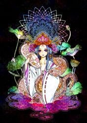  8rami2ki bad_id bad_pixiv_id black_background blue_hair blush dress female flower highres japanese_clothes kimono lily_pad long_hair long_sleeves lotus mandala original outline purple_dress ribbon_trim snake solo upper_body white_kimono white_outline white_snake wide_sleeves 