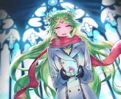  :d alternate_costume aqua_eyes backlighting black_gloves blurry blurry_background breath casual circlet coat depth_of_field earrings female gloves green_hair jewelry kid_icarus light_rays long_hair long_sleeves necklace open_mouth palutena parted_bangs pit_(kid_icarus) red_scarf scarf smile snow_globe solo striped upper_body vertical_stripes white_coat window winter_clothes winter_coat yuduki_(tt-yuduki) 