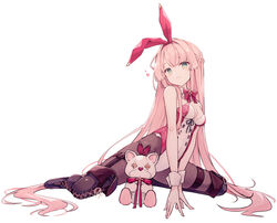  animal_ears arcaea black_pantyhose blunt_bangs blush boots bow bowtie braid breasts buttons cleavage commentary detached_collar double-breasted fake_animal_ears green_eyes heart highres kou_(arcaea) leotard light_smile long_hair looking_afar medium_breasts miyu_(miy_u1308) pantyhose pink_hair pink_leotard playboy_bunny rabbit_ears simple_background sitting stuffed_animal stuffed_toy teddy_bear thigh_boots thigh_strap very_long_hair wariza white_background wrist_cuffs 