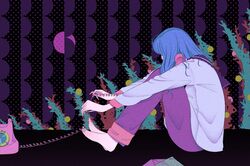  barefoot black_sailor_collar blue_hair corded_phone envelope female full_body grey_shirt highres knees_up letter long_hair long_sleeves original pants phone purple_pants rasukusekai sailor_collar shirt sitting solo wide_shot 