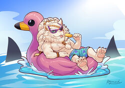  anthro beard beard_ponytail clothing facial_hair felid feline fur league_of_legends lion male mammal muscular muscular_anthro muscular_male pantherine raymond158 rengar_(lol) riot_games swimwear tencent water white_beard white_body white_facial_hair white_fur 