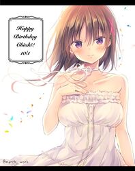  bare_shoulders blush brown_hair collarbone commentary_request dress female floating_hair hagino_chiaki hair_ornament hairclip hand_on_own_chest happy_birthday hinako_note looking_at_viewer march-bunny neck_ribbon purple_eyes ribbon short_hair_with_long_locks smile solo white_dress x_hair_ornament 