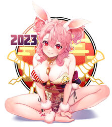  2023 absurdres animal_ear_fluff animal_ears bare_shoulders between_breasts breasts chinese_zodiac cleavage commentary_request feet female fingernails fur_trim grin hair_between_eyes highres hisayaki_kyuu indian_style japanese_clothes kimono large_breasts long_fingernails looking_at_viewer medium_hair new_year original partial_commentary pink_hair playboy_bunny rabbit_ears rabbit_tail red_eyes red_nails short_twintails sitting smile tail tassel twintails v_arms wa_bunny year_of_the_rabbit 