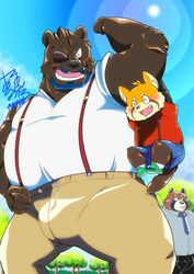  2020 ailurid anthro bear beard blush bottomwear bumomomoboa canid canine closed_eyes clothing eye_patch eyewear facial_hair group hi_res kemono male mammal necktie outside overweight overweight_male pants raccoon_dog red_panda shirt shorts tanuki topwear 