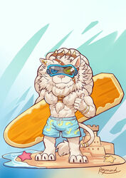  anthro beard beard_ponytail clothing facial_hair felid feline fur league_of_legends lion male mammal muscular muscular_anthro muscular_male pantherine raymond158 rengar_(lol) riot_games swimwear tencent water white_beard white_body white_facial_hair white_fur 