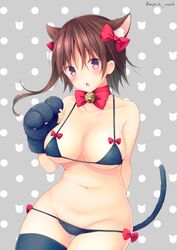  animal_ears bell bikini blush breasts brown_hair cleavage commentary_request female hagino_chiaki highres hinako_note jingle_bell large_breasts looking_at_viewer march-bunny navel red_ribbon ribbon short_hair_with_long_locks solo swimsuit tail thighhighs underboob 