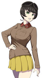  bad_id bad_pixiv_id black_hair breast_pocket breasts brown_jacket chi-hatan_military_uniform contrapposto female girls_und_panzer green_eyes hand_on_own_hip highres hosomi_shizuko jacket looking_at_viewer medium_breasts pocket skirt smile solo white_background yellow_skirt yougata 