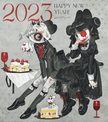  2023 4girls absurdres animal_ears bandaged_head bandaged_leg bandages bim0ngsam0ng black_dress black_footwear black_hair black_socks blood chinese_zodiac crying cup dress drinking_glass food gothic_lolita happy_new_year highres lolita_fashion multiple_girls original rabbit_ears rabbit_girl rabbit_tail red_eyes red_pupils size_difference skirt socks strawberry_shortcake sweatdrop tail white_dress white_hair white_skirt wine_glass year_of_the_rabbit 