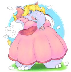  after_transformation anthro barefoot belly big_ears blonde_hair blue_eyes blush blush_stickers bodily_fluids breasts clothing dress elephant elephant_peach elephantid feet female gloves grey_body grey_skin hair handwear hi_res homemosaco mammal mario_bros nintendo pink_clothing pink_dress princess_peach proboscidean proboscis_(anatomy) slightly_chubby slightly_chubby_female solo super_mario_bros_wonder surprised_expression sweat sweatdrop trunk_(anatomy) white_clothing white_gloves white_handwear 