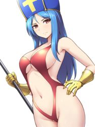  bare_arms bare_hips bare_shoulders blue_hair blue_headwear blush breasts casual_one-piece_swimsuit center_opening cleavage closed_mouth commentary_request cowboy_shot dragon_quest dragon_quest_iii female gauntlets groin holding holding_staff large_breasts long_hair navel one-piece_swimsuit parted_bangs pataneet priest_(dq3) red_eyes red_one-piece_swimsuit revealing_swimsuit_(dq) simple_background solo staff stomach straight_hair swimsuit underboob v-shaped_eyebrows white_background 