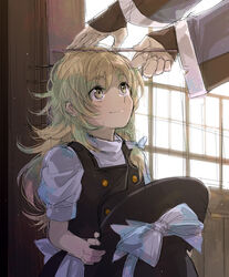  1boy against_wall aged_down apron black_headwear black_skirt black_vest blonde_hair bow braid buttons commentary_request dirty dirty_clothes female flipped_hair green_hair hairbow happy hat hat_bow height_difference height_mark holding holding_clothes holding_hat indoors kirisame_marisa koma_midori kourindou light_particles long_hair long_sleeves looking_up measuring messy_hair morichika_rinnosuke multicolored_hair puffy_short_sleeves puffy_sleeves sash short_sleeves side_braid sidelocks single_braid skirt smile solo_focus splatter stadiometer touhou turtleneck two-tone_hair unworn_hat unworn_headwear upper_body vest waist_apron white_bow white_sash window witch_hat yellow_eyes 