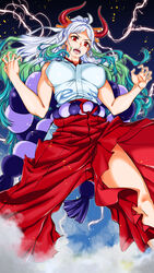  ahoge aqua_hair bare_arms bare_shoulders breasts covered_nipples curled_horns earrings electricity embers feet_out_of_frame female fingernails floating_hair green_hair hair_ornament hair_stick hakama hakama_pants hands_up hanzaki_jirou highres hip_vent horns japanese_clothes jewelry kimono large_breasts legs_apart long_hair looking_at_viewer multicolored_hair multicolored_horns one_piece oni open_mouth orange_horns pants red_eyes red_horns rope sharp_teeth shimenawa sideboob sidelocks sleeveless sleeveless_kimono solo standing steam teeth v-shaped_eyebrows very_long_hair white_hair wind yamato_(one_piece) 