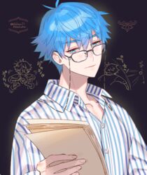  1boy aged_up blue_eyes blue_hair collared_shirt eyewear_strap fate/grand_order fate_(series) glasses hair_between_eyes hans_christian_andersen_(adult)_(fate) hans_christian_andersen_(fate) male_focus paper sara_(kurome1127) shirt short_hair striped_clothes striped_shirt vertical-striped_clothes vertical-striped_shirt 