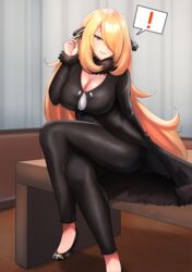  ! absurdres arm_behind_back black_coat blonde_hair breasts cleavage coat crossed_legs cynthia_(pokemon) desk female foot_out_of_frame fur_collar fur_trim grey_eyes hair_ornament hair_over_one_eye hand_up highres large_breasts long_hair on_desk parted_lips pokemon pokemon_dppt sitting solo spoken_exclamation_mark taut_clothes taut_pants thighs very_long_hair zet_(twt_zet) 