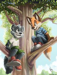  2020 anthro art_(pandapaco) biped biro_(pandapaco) blue_sky bottomwear branch canid canine cheek_tuft clothed clothing detailed_background digital_media_(artwork) dipstick_tail duo eye_contact facial_tuft feet_together footwear forest fox fully_clothed gloves_(marking) happy head_tuft leaf looking_at_another male mammal markings multicolored_tail open_mouth open_smile outside pandapaco pants pattern_clothing pattern_shirt pattern_topwear plant plantigrade procyonid raccoon shirt shoes shorts signature sitting sky smile striped_clothing striped_markings striped_shirt striped_tail striped_topwear stripes tail tail_markings topwear tree tuft young young_anthro 