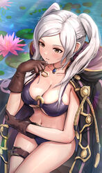  alternate_costume bikini black_coat breasts brown_eyes brown_gloves cleavage cloak closed_mouth coat collarbone commentary elbow_rest female fire_emblem fire_emblem_awakening fire_emblem_heroes from_above gloves gonzarez highres hood hooded_cloak jewelry lily_pad long_hair looking_ahead medium_breasts navel o-ring o-ring_bikini official_alternate_costume pendant purple_bikini robin_(female)_(fire_emblem) robin_(female)_(summer)_(fire_emblem) robin_(fire_emblem) sidelocks sitting solo swimsuit thigh_strap twintails water wet white_hair 