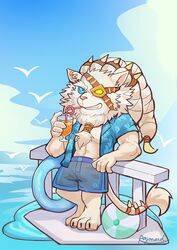  anthro beard beard_ponytail clothing facial_hair felid feline fur hi_res league_of_legends lion male mammal muscular muscular_anthro muscular_male pantherine raymond158 rengar_(lol) riot_games solo swimwear tencent water white_beard white_body white_facial_hair white_fur 