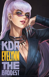  absurdres belt black_belt black_choker black_suit blue_eyeshadow breasts business_suit center_opening character_name choker claw_(weapon) cleavage collarbone commentary dark_background demon demon_girl earrings english_commentary evelynn_(league_of_legends) eyeshadow female formal gold_earrings hand_on_own_cheek hand_on_own_face highres hoop_earrings jewelry k/da_(league_of_legends) league_of_legends lipstick long_hair looking_over_eyewear makeup mascara medium_breasts monori_rogue necklace nose parted_lips photoshop_(medium) pink_lips ponytail purple-tinted_eyewear raised_eyebrows rimless_eyewear solo suit sunglasses the_baddest_evelynn the_diva tinted_eyewear tooth_necklace upper_body very_long_hair weapon white_hair yellow_eyes 