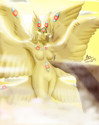  above_clouds angel anthro arc_rose aura avian beak breasts cliff_side cloud female glowing glowing_eyes light light_beam multi_eye non-mammal_breasts sunbeam sunlight wings 