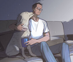  1boy bad_id bad_twitter_id black_hair canine cheetahman_(1ddghfr78cswc) commentary_request couch cup disco_elysium glasses hair_slicked_back highres holding holding_cup kim_kitsuragi korean_commentary male_focus pants round_eyewear shirt short_hair sitting solo t-shirt undercut white_shirt 