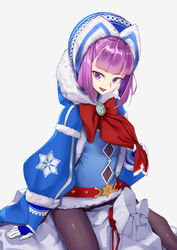  ankh bare_shoulders black_pantyhose bow commentary_request fate/grand_order fate_(series) female fingerless_gloves gloves helena_blavatsky_(christmas)_(fate) helena_blavatsky_(fate) looking_at_viewer pantyhose purple_eyes purple_hair red_bow short_hair simple_background sitting smile solo white_background wujiemang 