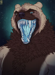  2021 anthro artist_logo bear blue_eyes blue_flesh blue_insides blue_mouth blue_tongue bodily_fluids brown_body brown_fur cheek_tuft chest_tuft dated ears_back facial_tuft fangs front_view fur glistening glistening_eyes half-length_portrait hi_res logo male mammal mouth_shot multicolored_body multicolored_fur neck_tuft nude open_mouth overweight overweight_anthro overweight_male pivoted_ears portrait riorix saliva saliva_string sharp_teeth simple_background solo tan_body tan_ears tan_fur teeth tongue tuft two_tone_body two_tone_fur 