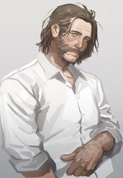  1boy arm_hair bad_id bad_postype_id beard brown_hair cheetahman_(1ddghfr78cswc) disco_elysium expressionless facial_hair green_eyes harry_du_bois highres male_focus medium_hair moustache mutton_chops shirt simple_background solo white_shirt 