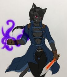  absurd_res anthro black_body black_fur black_hair clothing coat ear_piercing eye_scar facial_scar felid female fur hair hi_res keilah_juan_lopez knuckleduster magic magic_user mammal melanistic melee_weapon pantherine piercing red_eyes scar solo sword tentacle topwear weapon zzinhimsum 