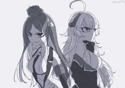  2girls absurdres ahoge bare_shoulders crop_top dress_shirt greyscale headgear highres jacket kantai_collection long_hair monochrome multicolored_hair multiple_girls nami_nami_(belphegor-5812) necktie off_shoulder open_clothes open_jacket shirt sleeveless sleeveless_shirt south_dakota_(kancolle) star_(symbol) washington_(kancolle) 