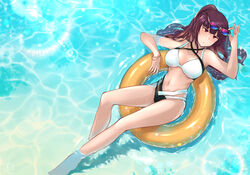  absurdres adjusting_eyewear bare_legs bikini blush bracelet breasts cleavage closed_mouth collarbone eyewear_on_head female from_above girls&#039;_frontline hand_on_eyewear highres jewelry legs long_hair looking_at_viewer lying medium_breasts navel on_back purple_hair red_eyes solo stigmamyu stomach swimsuit wa2000_(girls&#039;_frontline) water white_bikini 