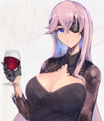  azur_lane black_dress black_gloves blue_eyes breasts cleavage closed_mouth cup dress drinking_glass earrings eyepatch female gloves hair_between_eyes holding holding_cup jewelry large_breasts long_hair looking_at_viewer marshall_k official_alternate_costume purple_hair scharnhorst_(azur_lane) scharnhorst_(panther_und_pflaume)_(azur_lane) simple_background smile solo wine_glass 