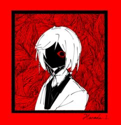  1boy character_name chinese_commentary collared_shirt colored_sclera commentary_request harada_mutei horror_(theme) jacket male_focus one-eyed open_clothes open_jacket partially_colored portrait red_sclera saibou_shinkyoku shirt short_hair solo tsurugi_1953 vest 