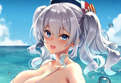  beret bikini black_hat blue_eyes blurry blurry_background blush breasts cleavage cloud commentary_request day female grey_hair hair_between_eyes hat kantai_collection kashima_(kancolle) kekocha large_breasts long_hair looking_at_viewer ocean outdoors parted_lips portrait sidelocks sky solo swimsuit water water_drop wavy_hair white_bikini 