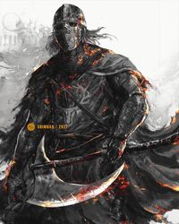  1boy armor axe cape chainmail commentary covered_face creighton_of_mirrah dark_souls_(series) dark_souls_ii english_commentary full_armor helmet highres holding holding_axe holding_weapon long_hair looking_at_viewer male_focus shimhaq solo weapon 