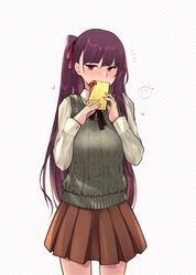  absurdres aran_sweater blush box brown_skirt cable_knit closed_mouth female gift gift_box girls&#039;_frontline green_shirt hair_ribbon highres holding holding_gift long_hair looking_at_viewer one_side_up purple_hair purple_ribbon red_eyes ribbon shirt simple_background skirt solo standing stigmamyu sweater sweater_vest valentine vest wa2000_(girls&#039;_frontline) 