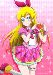  absurdres aikatsu! aikatsu!_(series) argyle_background blonde_hair blue_eyes blush bow bowtie closed_mouth commentary_request cosplay dokidoki!_precure female floating_hair frilled_skirt frills hairband hairbow heart heart_hands highres hoshimiya_ichigo hoshimiya_ichigo_(cosplay) kneehighs leg_up long_hair look-alike looking_at_viewer miniskirt nita_(onakatohoppe) pink_background pink_bow pink_bowtie pink_shirt pink_skirt pink_wrist_cuffs plaid_neckwear pleated_skirt precure print_skirt red_bow red_footwear red_hairband regina_(dokidoki!_precure) shirt short_sleeves skirt smile socks solo standing standing_on_one_leg thigh_strap twitter_username very_long_hair white_socks wrist_cuffs 