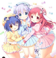  3girls :d :o ;d animal_ears aono_ribbon bear_ears beret blue_eyes blue_hair blue_headwear blue_jacket blue_sailor_collar blue_skirt blush braid brown_eyes candy_wrapper cat_ears cat_tail chimame-tai commentary_request dress_shirt frilled_skirt frills girl_sandwich gochuumon_wa_usagi_desu_ka? hair_between_eyes hands_up hat jacket jouga_maya juliet_sleeves kafuu_chino kneehighs long_hair long_sleeves looking_at_viewer matching_outfits multiple_girls natsu_megumi one_eye_closed open_mouth parted_lips pink_headwear pink_jacket pink_sailor_collar pink_skirt pleated_skirt puffy_sleeves purple_hair rabbit_ears red_eyes red_hair sailor_collar sandwiched shirt skirt smile socks tail very_long_hair white_background white_legwear white_shirt yellow_headwear yellow_jacket yellow_sailor_collar yellow_skirt 