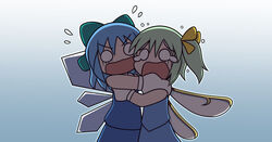  2girls :o blue_background blue_hair blue_skirt blue_vest bow cirno commentary_request cowboy_shot daiyousei fairy_wings flying_sweatdrops gradient_background green_bow green_hair hairbow hug ice ice_wings multiple_girls o_o open_mouth puffy_short_sleeves puffy_sleeves rakugaki-biyori scared shadow shirt short_hair short_sleeves side_ponytail simple_background skirt skirt_set touhou v-shaped_eyebrows vest white_shirt wings yellow_bow 