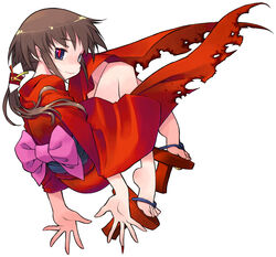  back_bow black_eyes bow brown_hair closed_mouth commentary_request feet female from_behind full_body geta hair_ornament japanese_clothes kimono knees_to_chest kurame kusari_hime:_euthanasia long_hair looking_at_viewer low_ponytail nakamura_tetsuya obi open_hands photoshop_(medium) pink_bow ponytail profile red_kimono red_pupils sash simple_background smile solo tengu-geta toes torn_clothes torn_kimono white_background 