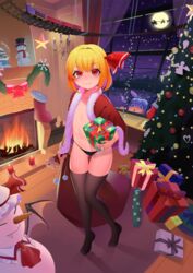  2girls alternate_costume ass_visible_through_thighs black_legwear black_panties blonde_hair blue_bow blue_eyes blue_hair blush bow christmas christmas_lights christmas_ornaments christmas_present christmas_stocking christmas_tree cirno closed_mouth commentary commission fire fireplace flat_chest full_body full_moon gift hair_ribbon hairbow highres holding holding_gift holding_sack indoors looking_at_viewer looking_inside moon multiple_girls night no_bra panties recare red_eyes red_ribbon remilia_scarlet ribbon rumia sack santa_claus santa_costume short_hair smile snow_globe snowing snowman star_(symbol) thighhighs touhou toy_train underwear window 